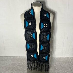 Vintage Black Blue Faux Leather Macrame Sash Belt With Fringe